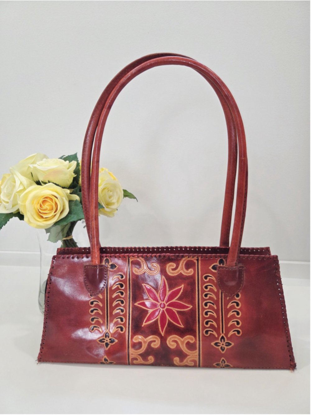 Vintage ALDO Leather Handbag, 90s India, Brown‑Red Cognac